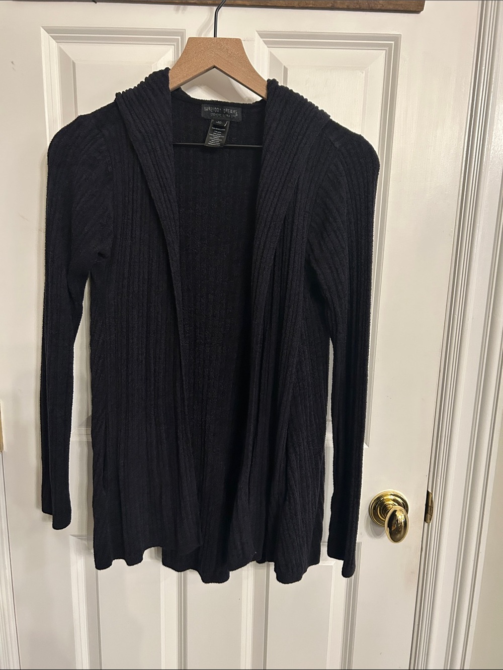 Barefoot Dreams CozyChic ultra lite Black Ribbed Hooded Cardigan